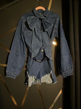 Denim Romper with Detachable Bow